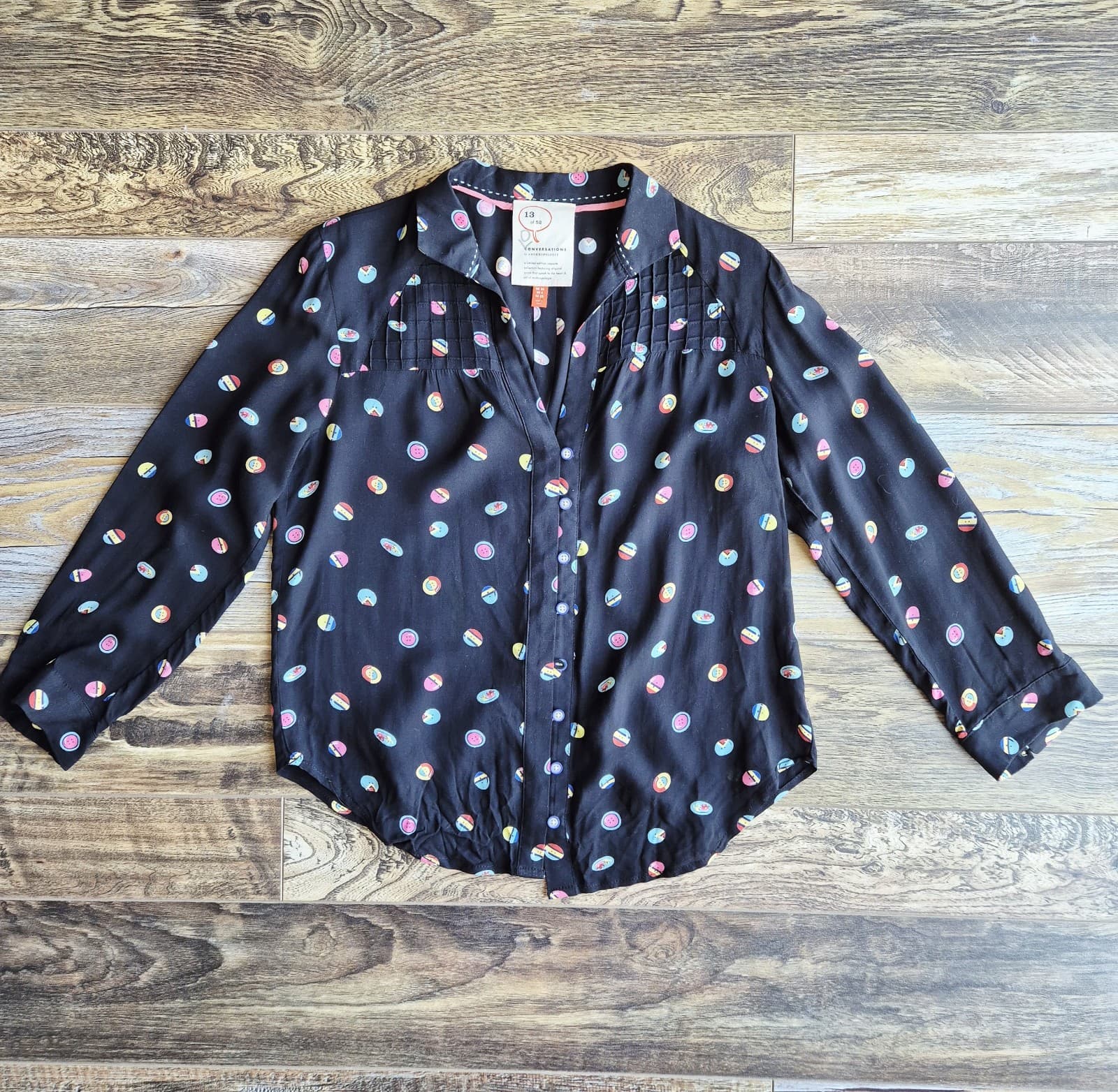 13 of 52 Conversations Anthropologie Button Printed Shirt 3/4 Sleeve Black Sz.0 - Thumbnail 6
