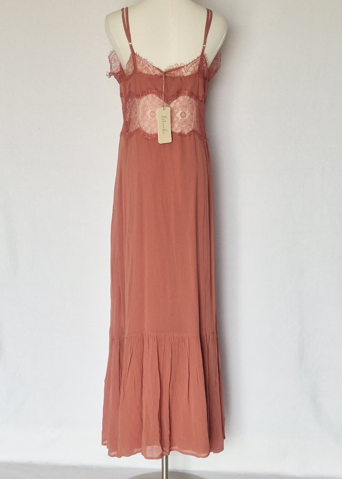 NEW Let Me Be Anthropologie Lace Trim Sleeveless Cutout Maxi Slip Dress Red Sz.S - Thumbnail 11