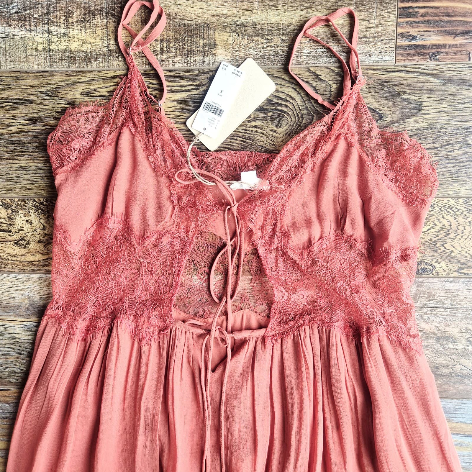 NEW Let Me Be Anthropologie Lace Trim Sleeveless Cutout Maxi Slip Dress Red Sz.S - Thumbnail 13