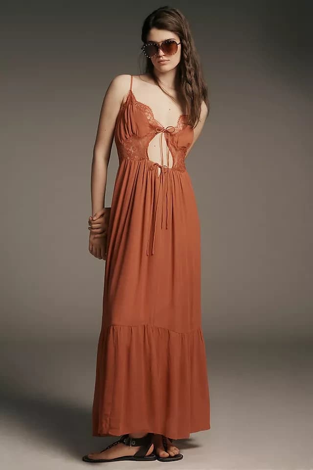 NEW Let Me Be Anthropologie Lace Trim Sleeveless Cutout Maxi Slip Dress Red Sz.S - Thumbnail 4