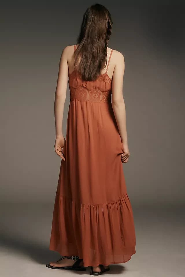 NEW Let Me Be Anthropologie Lace Trim Sleeveless Cutout Maxi Slip Dress Red Sz.S - Thumbnail 10