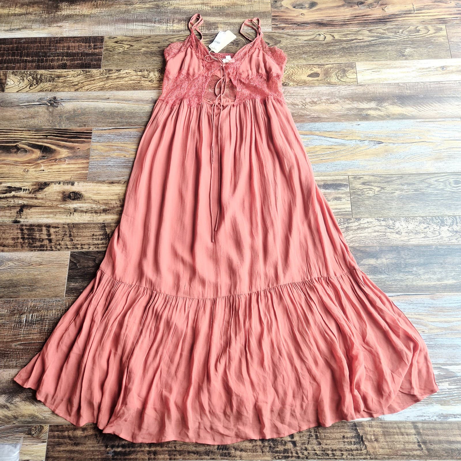 NEW Let Me Be Anthropologie Lace Trim Sleeveless Cutout Maxi Slip Dress Red Sz.S - Thumbnail 12