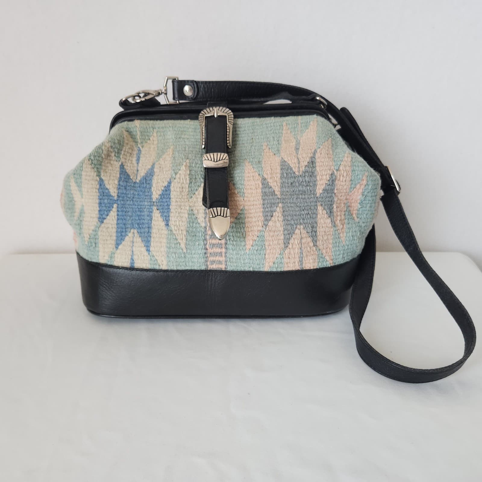 Vintage Mexican Handcraft Leather Woven-Wool Carpet Southwest Satchel Handbag - Thumbnail 3
