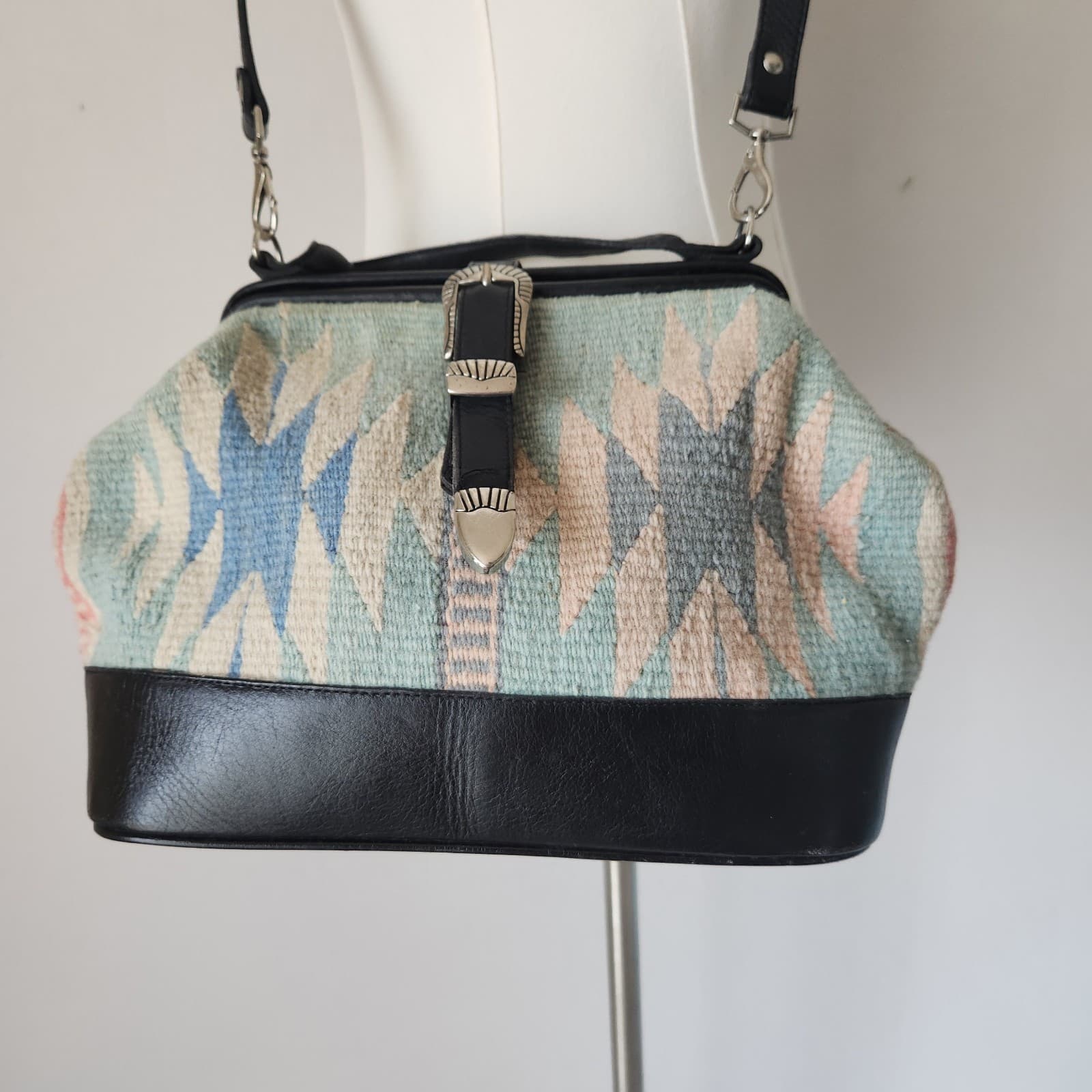 Vintage Mexican Handcraft Leather Woven-Wool Carpet Southwest Satchel Handbag - Thumbnail 5