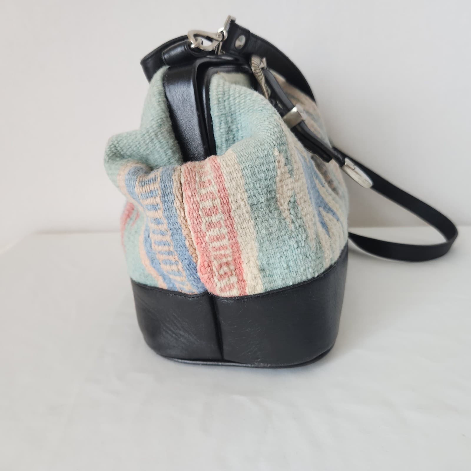 Vintage Mexican Handcraft Leather Woven-Wool Carpet Southwest Satchel Handbag - Thumbnail 6