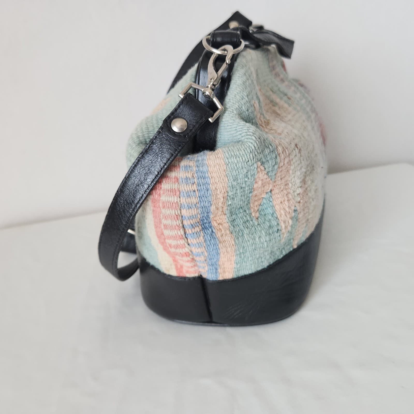 Vintage Mexican Handcraft Leather Woven-Wool Carpet Southwest Satchel Handbag - Thumbnail 9