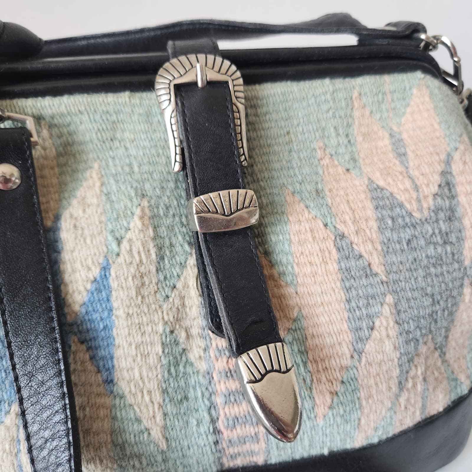 Vintage Mexican Handcraft Leather Woven-Wool Carpet Southwest Satchel Handbag - Thumbnail 13