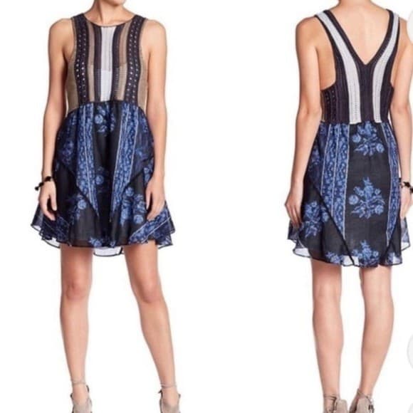 Free People Katies Crochet Mini Dress Sleeveless Scoop Neck Lined Blue Women's L - Thumbnail 4