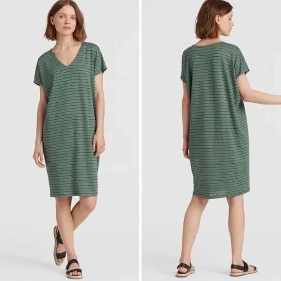 EILEEN FISHER Organic Linen Striped Tunic Mini Dress Cap Sleeve V-Neck Green XXS - Thumbnail 2