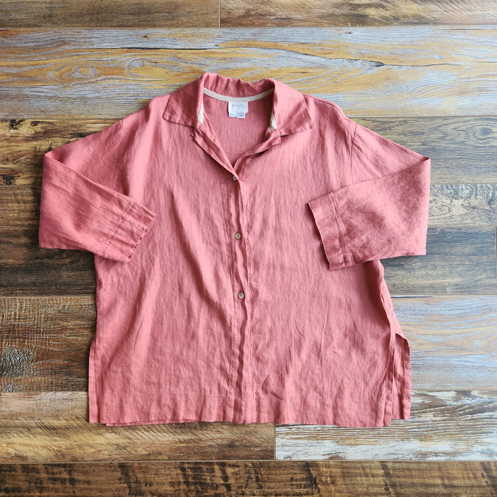 Go Lightly Alexandra Shirt 100% Linen Lagenlook Button 3/4 Sleeve Coral One Size - Thumbnail 7