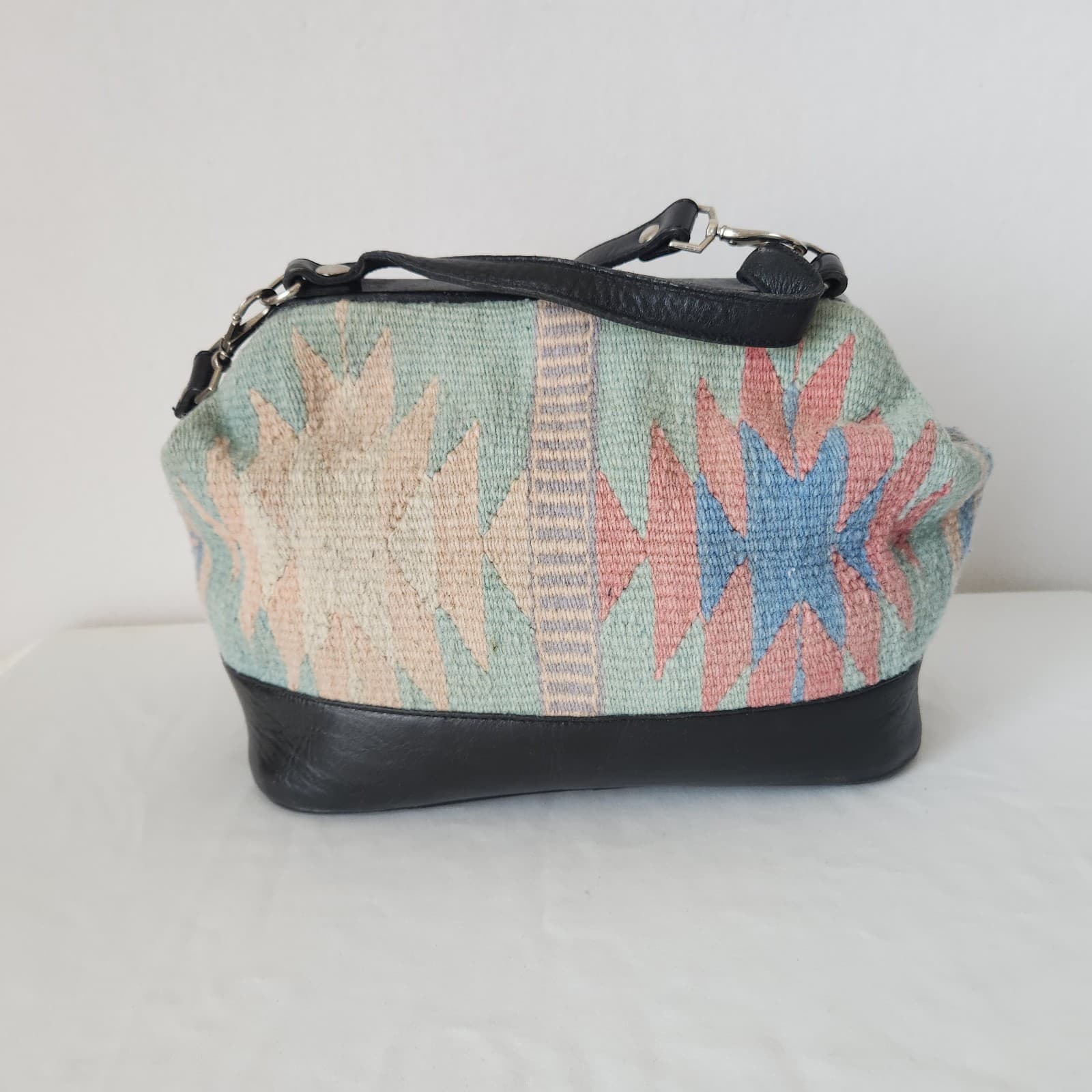 Vintage Mexican Handcraft Leather Woven-Wool Carpet Southwest Satchel Handbag - Thumbnail 7