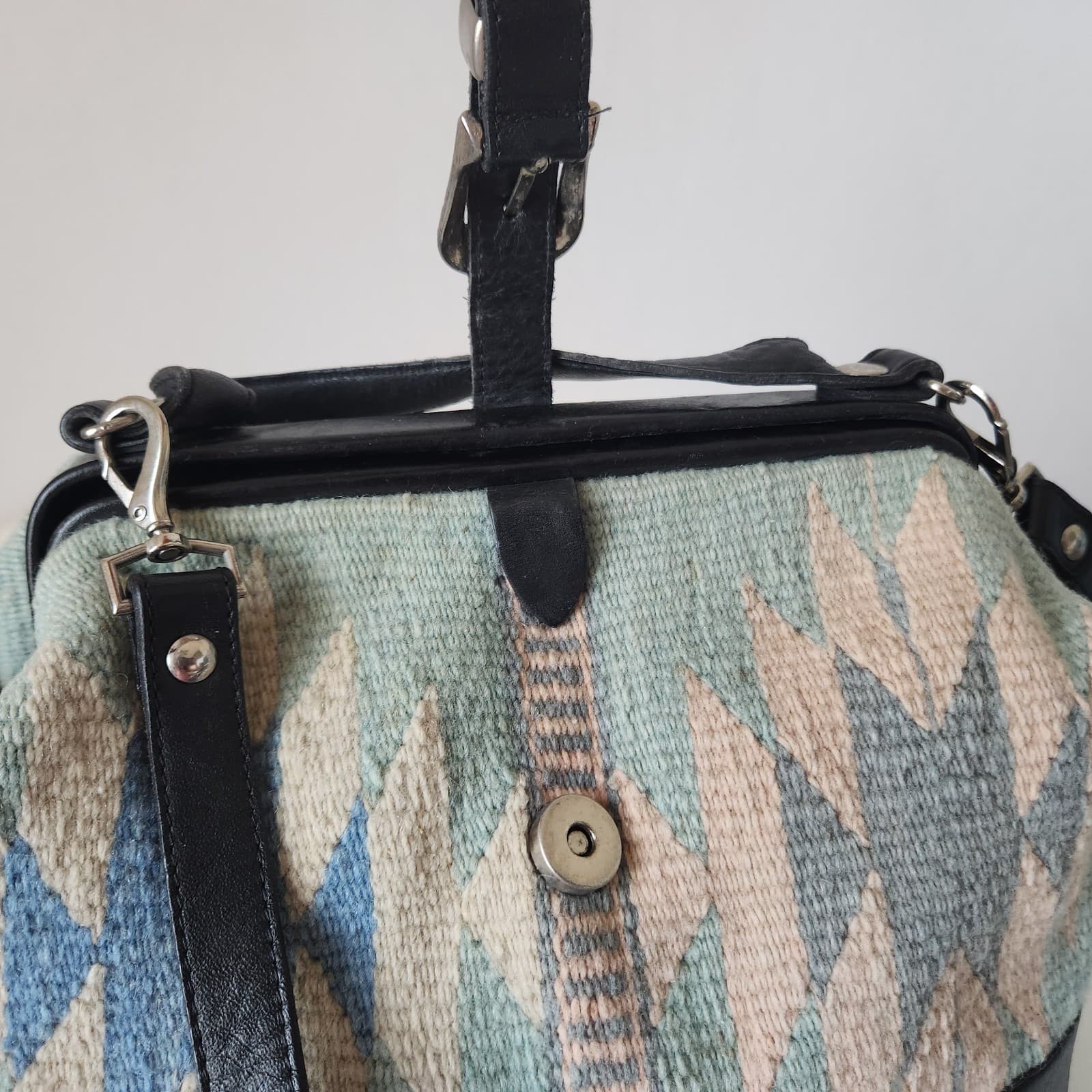 Vintage Mexican Handcraft Leather Woven-Wool Carpet Southwest Satchel Handbag - Thumbnail 14