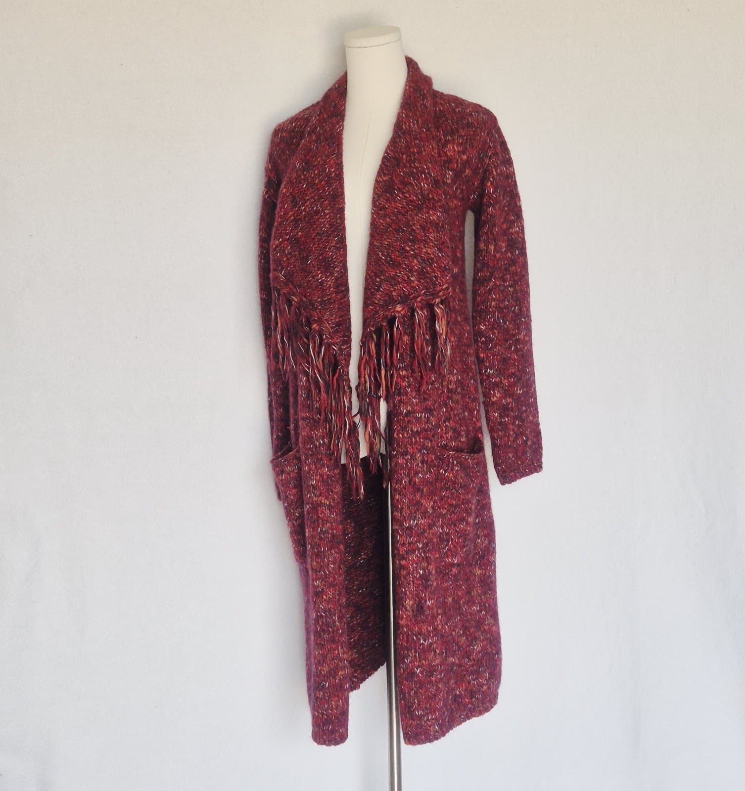 NWoT Lucky Brand Wool Blend Long Duster Drapped Cardigan Fringed Pocket Red XS - Thumbnail 5
