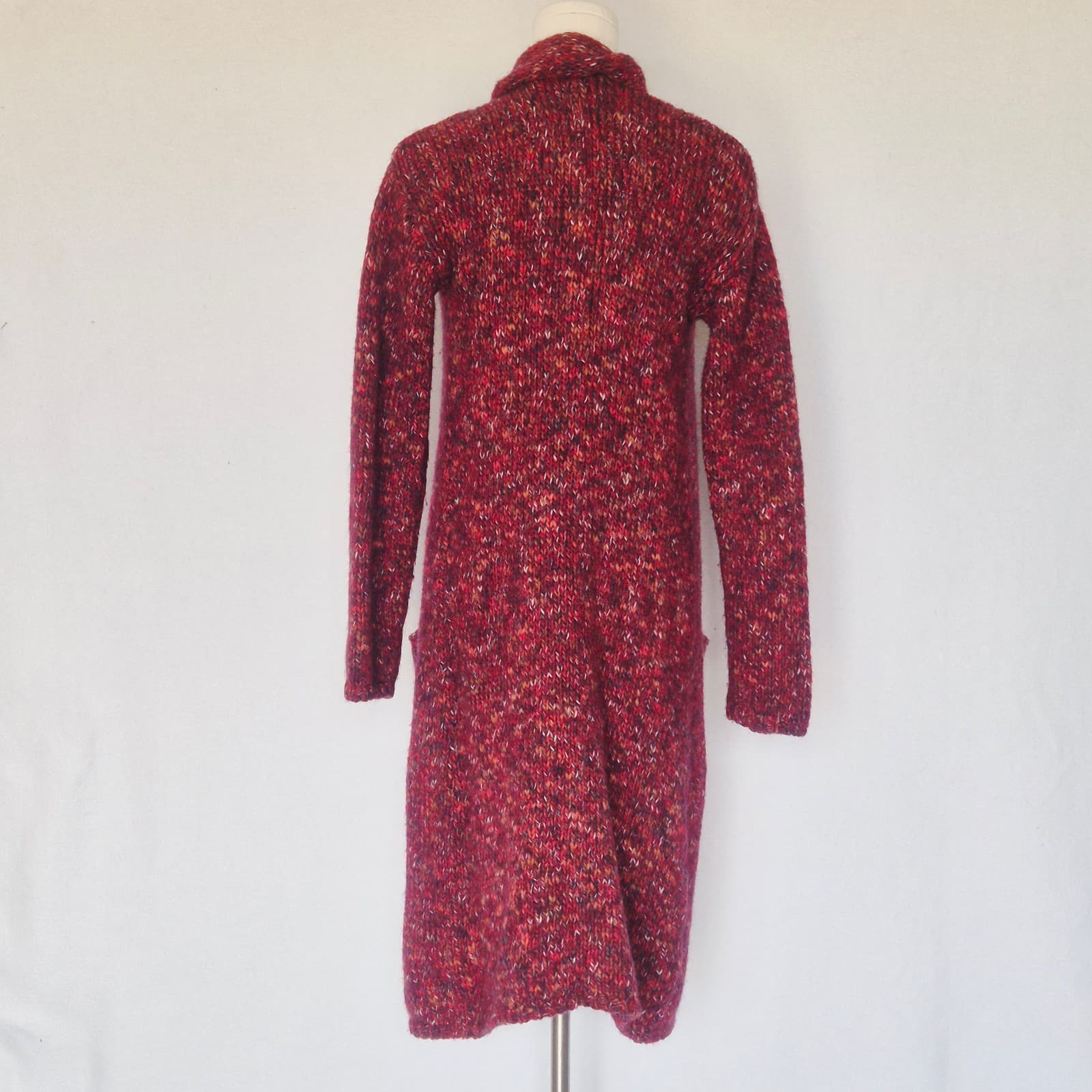NWoT Lucky Brand Wool Blend Long Duster Drapped Cardigan Fringed Pocket Red XS - Thumbnail 8