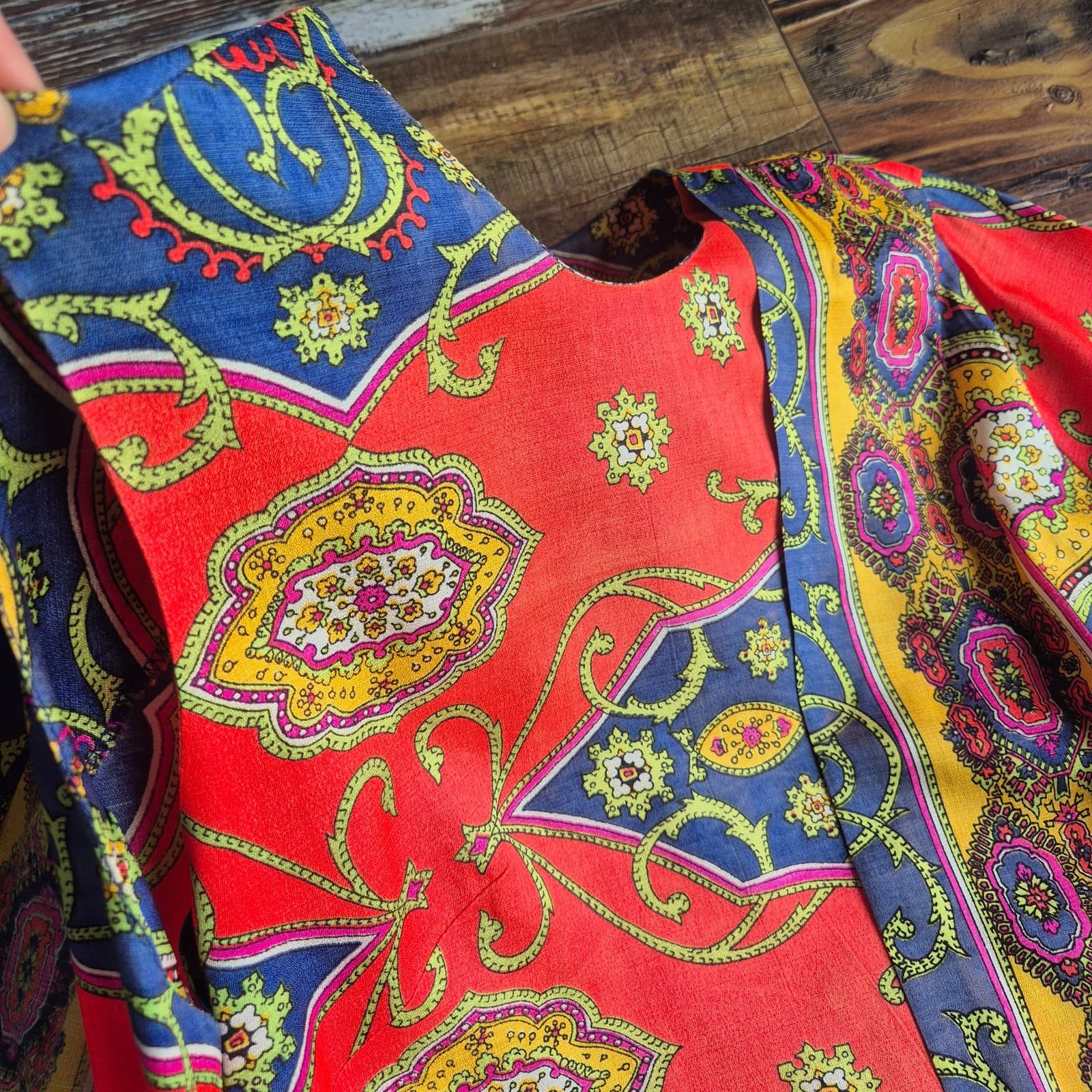 Vintage Lounge Craft Neon Psychedelic Maxi Hostess Kaftan Robe Dress Attached S - Thumbnail 8
