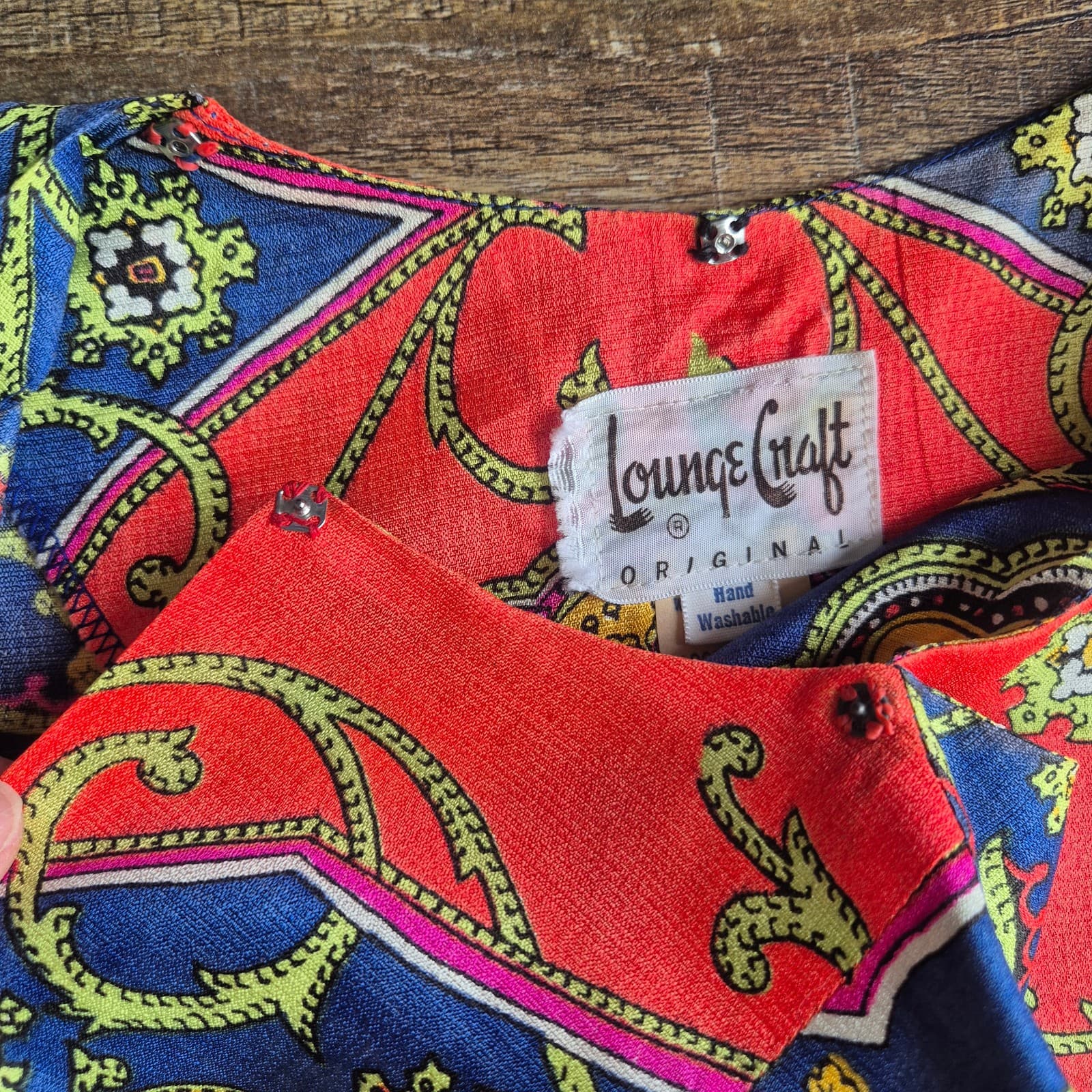Vintage Lounge Craft Neon Psychedelic Maxi Hostess Kaftan Robe Dress Attached S - Thumbnail 9