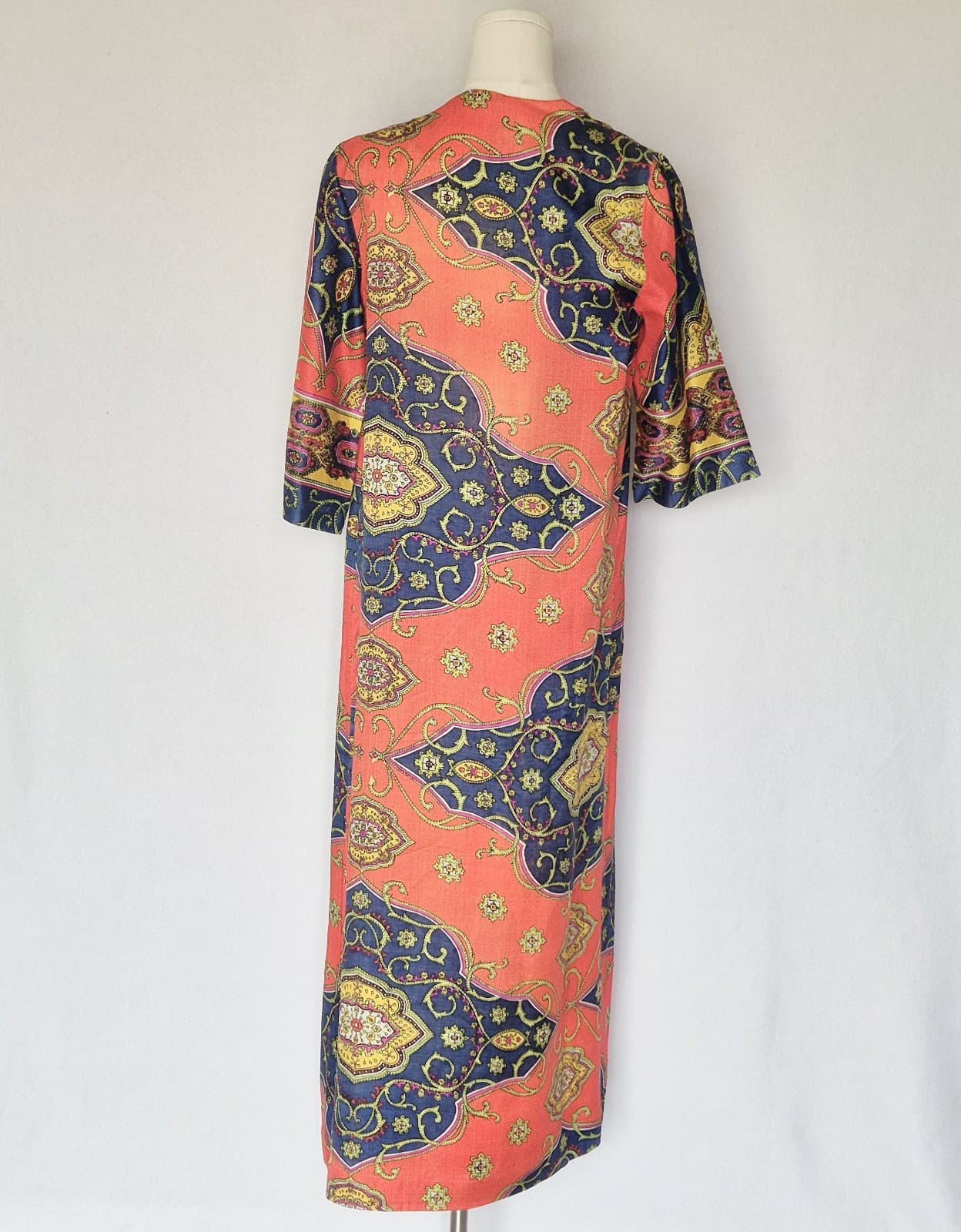 Vintage Lounge Craft Neon Psychedelic Maxi Hostess Kaftan Robe Dress Attached S - Thumbnail 6