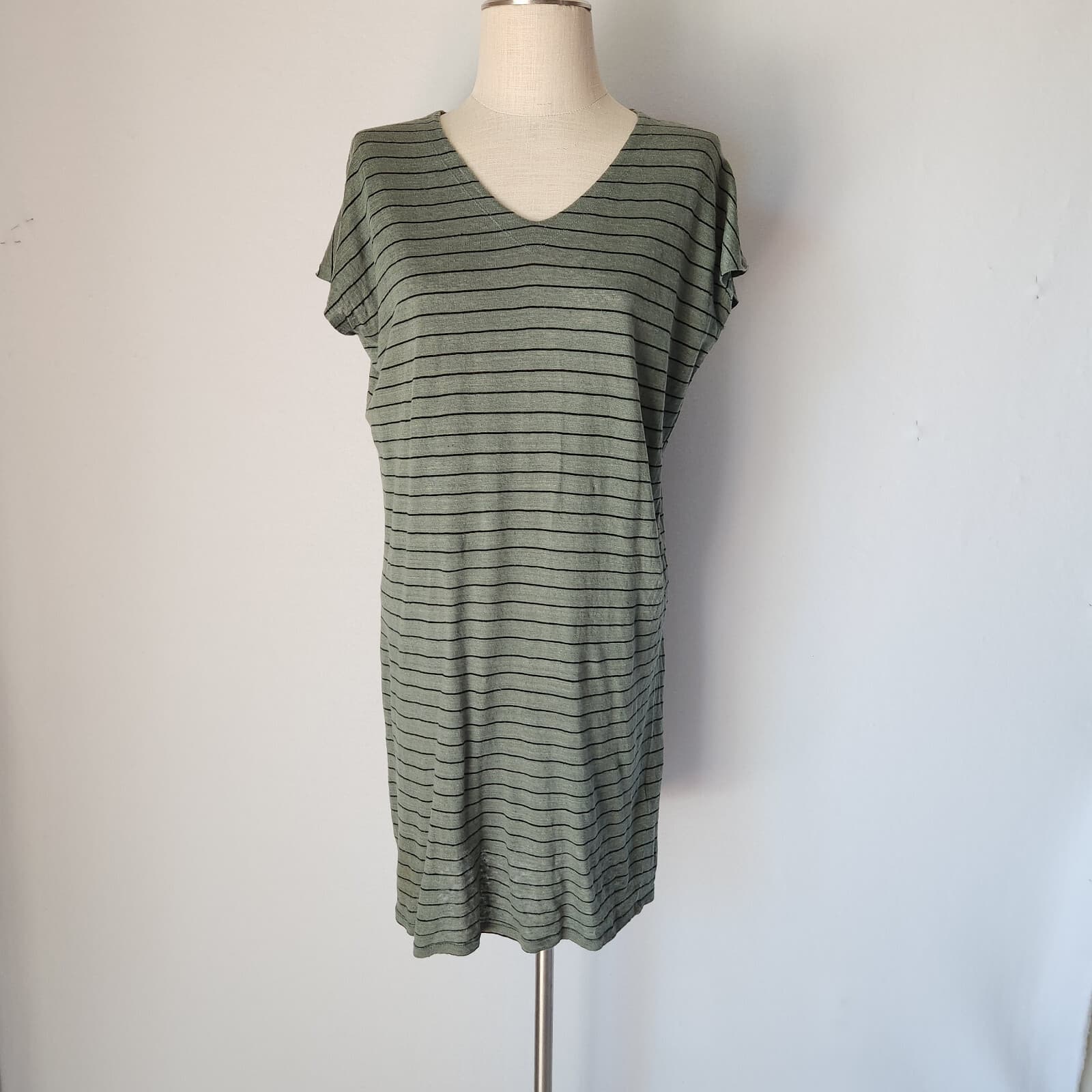 EILEEN FISHER Organic Linen Striped Tunic Mini Dress Cap Sleeve V-Neck Green XXS - Thumbnail 3