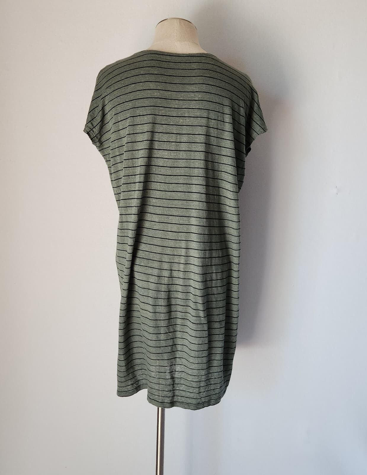 EILEEN FISHER Organic Linen Striped Tunic Mini Dress Cap Sleeve V-Neck Green XXS - Thumbnail 6