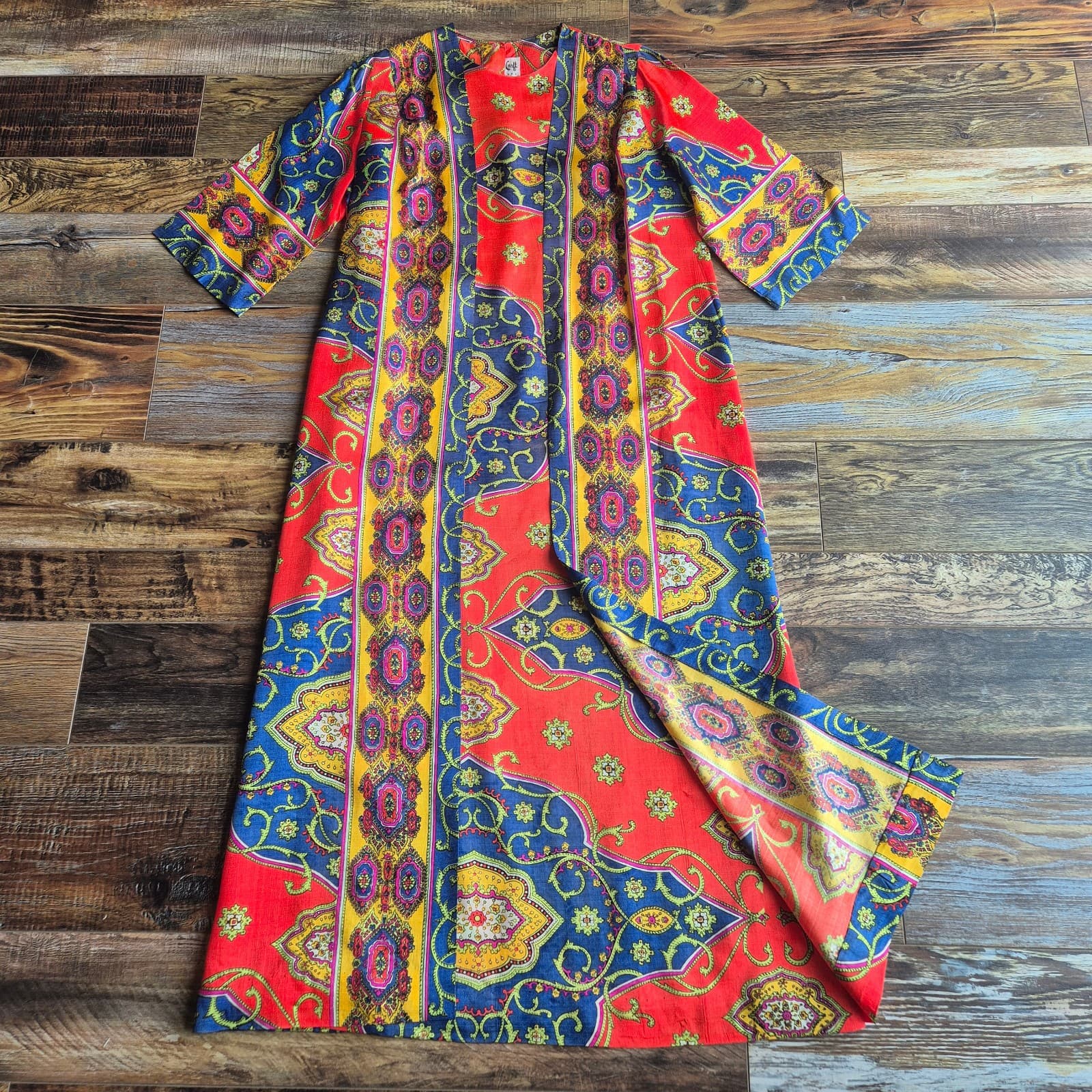 Vintage Lounge Craft Neon Psychedelic Maxi Hostess Kaftan Robe Dress Attached S - Thumbnail 7