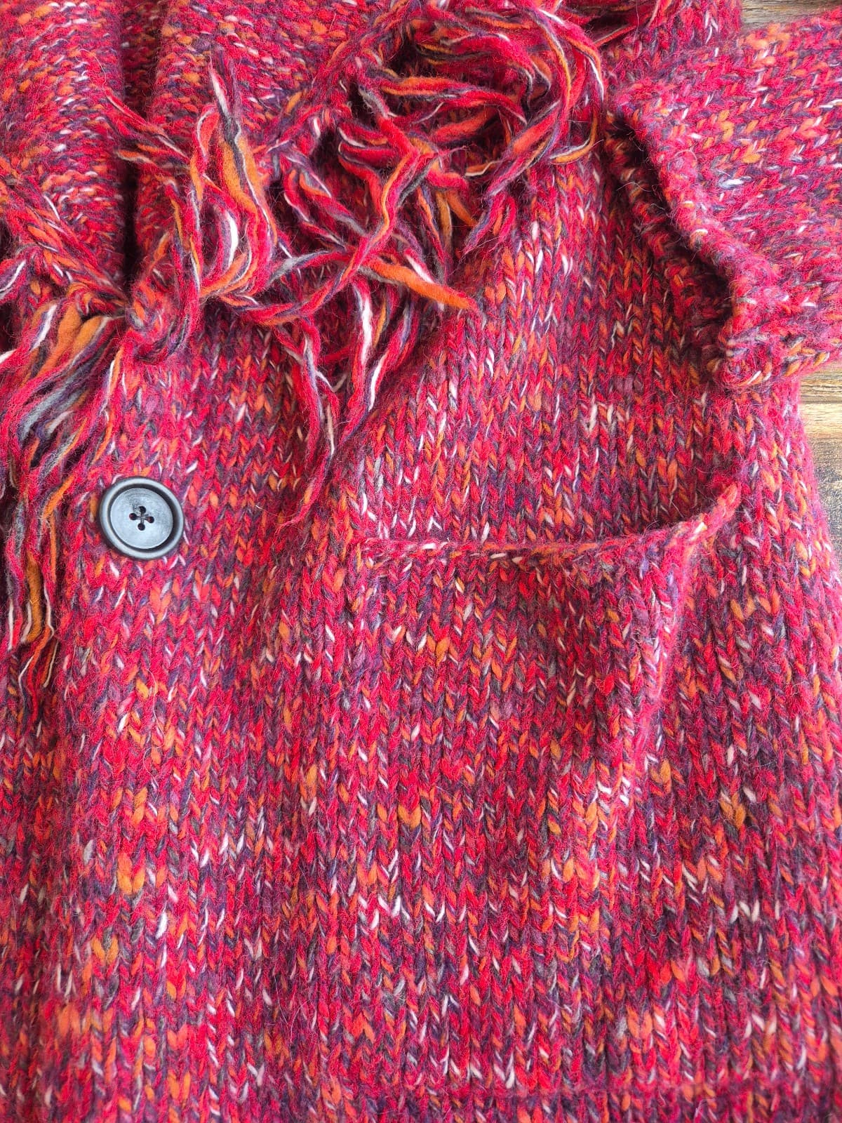 NWoT Lucky Brand Wool Blend Long Duster Drapped Cardigan Fringed Pocket Red XS - Thumbnail 9