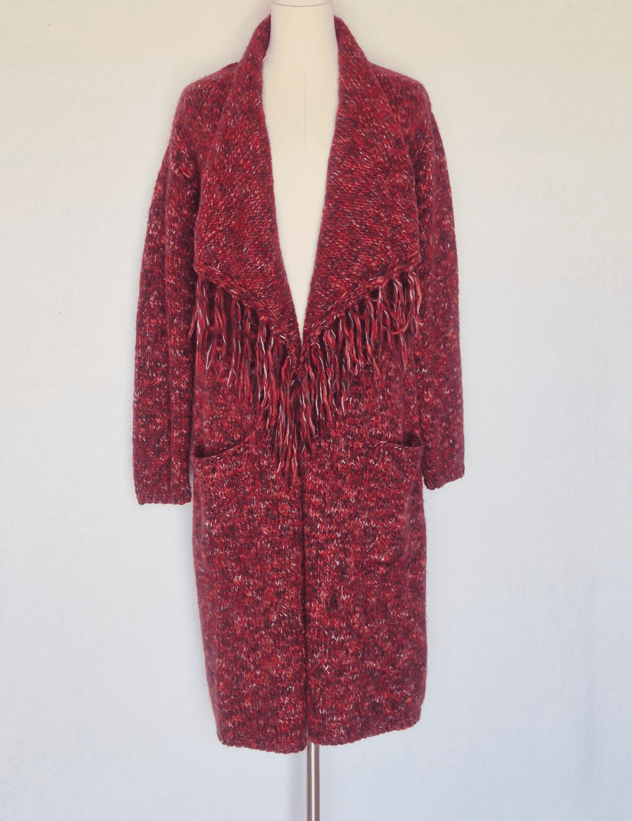 NWoT Lucky Brand Wool Blend Long Duster Drapped Cardigan Fringed Pocket Red XS