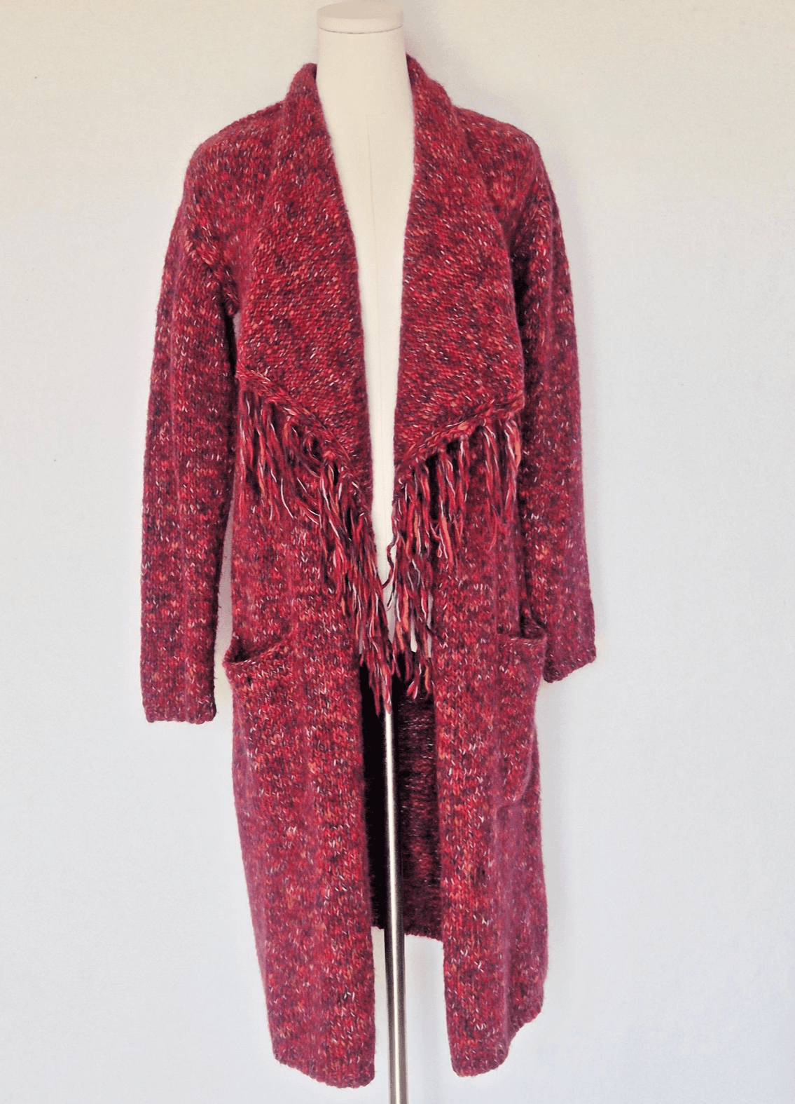 NWoT Lucky Brand Wool Blend Long Duster Drapped Cardigan Fringed Pocket Red XS - Thumbnail 3
