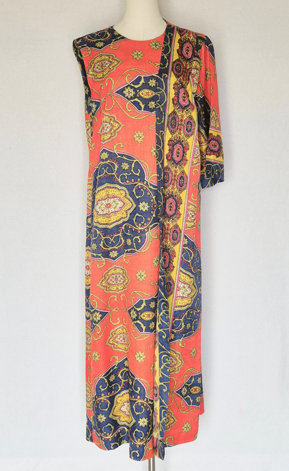 Vintage Lounge Craft Neon Psychedelic Maxi Hostess Kaftan Robe Dress Attached S - Thumbnail 2