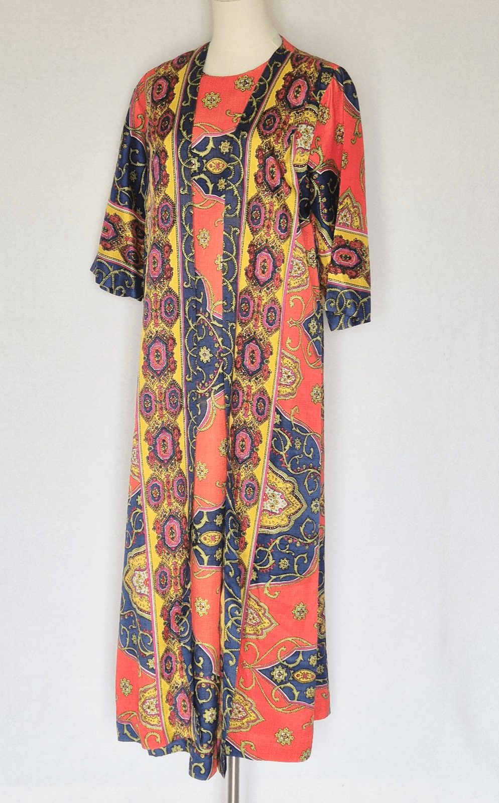 Vintage Lounge Craft Neon Psychedelic Maxi Hostess Kaftan Robe Dress Attached S - Thumbnail 3