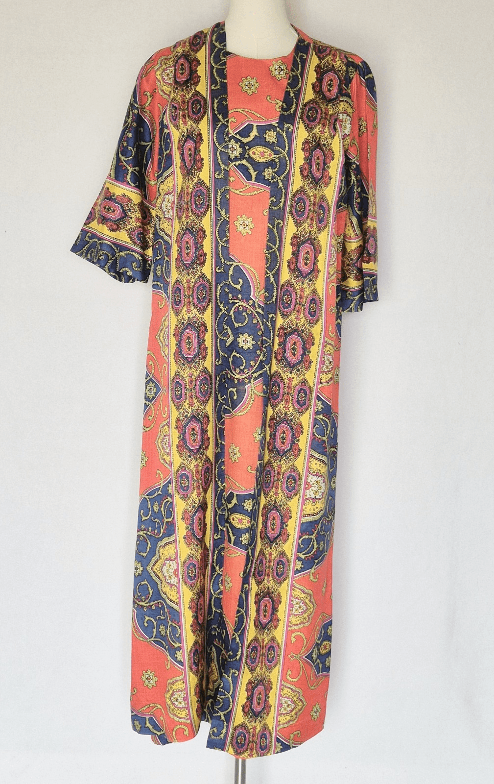 Vintage Lounge Craft Neon Psychedelic Maxi Hostess Kaftan Robe Dress Attached S - Thumbnail 4