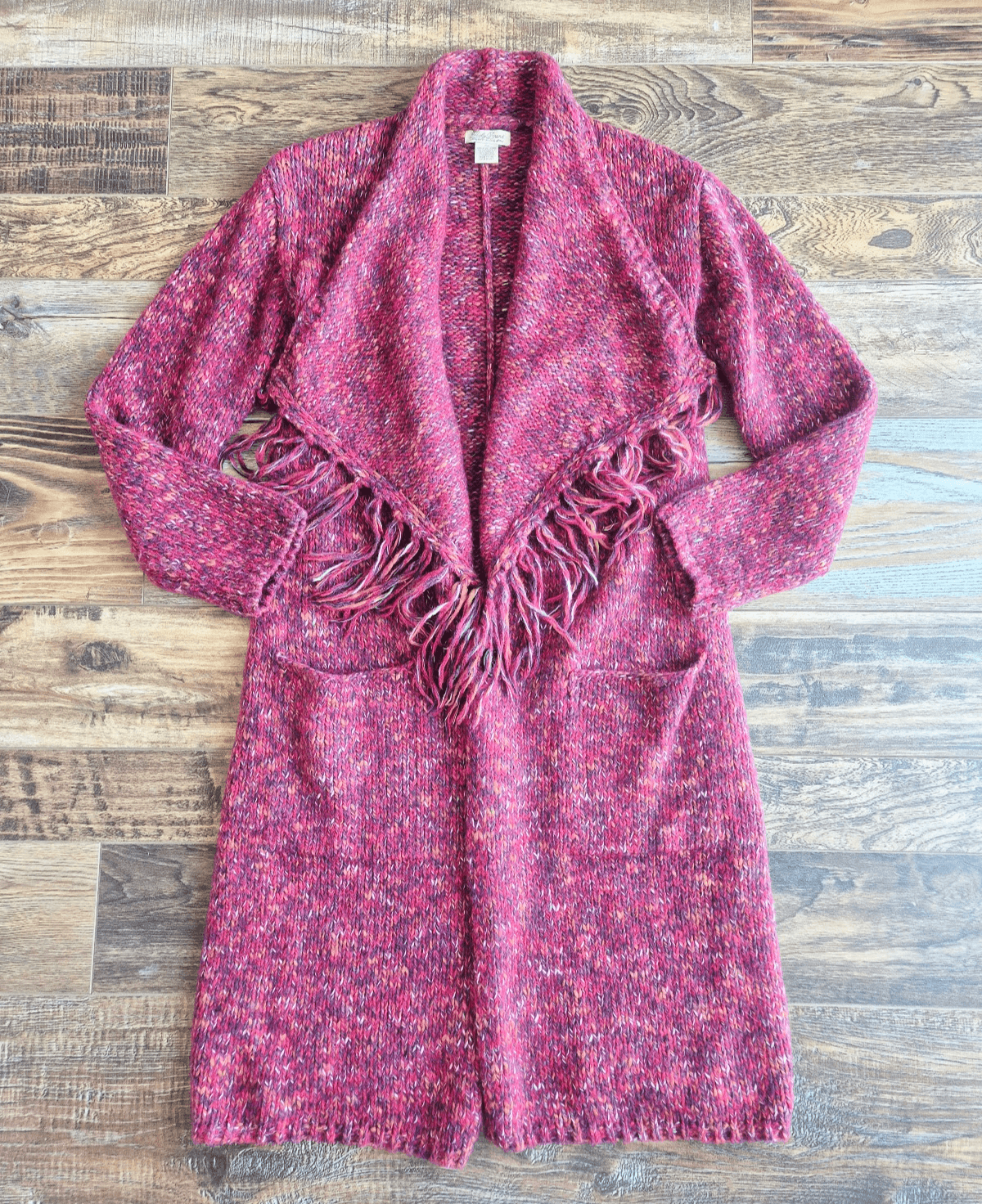 NWoT Lucky Brand Wool Blend Long Duster Drapped Cardigan Fringed Pocket Red XS - Thumbnail 2