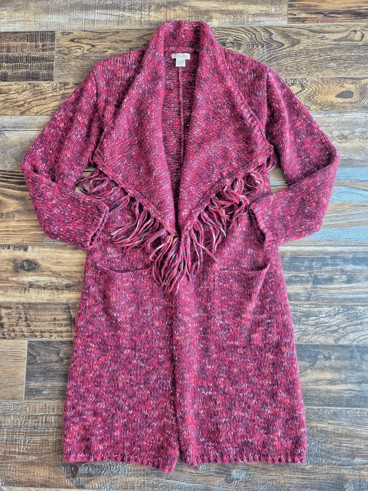 NWoT Lucky Brand Wool Blend Long Duster Drapped Cardigan Fringed Pocket Red XS - Thumbnail 4