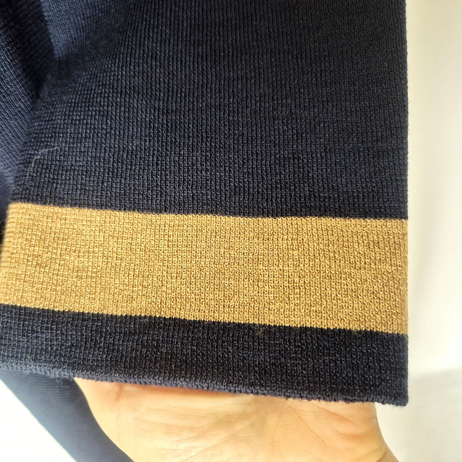 ST. JOHN Wool Blend Draped Open Cardigan Contrasting Camel Brown Trim Blue Sz.M - Thumbnail 8
