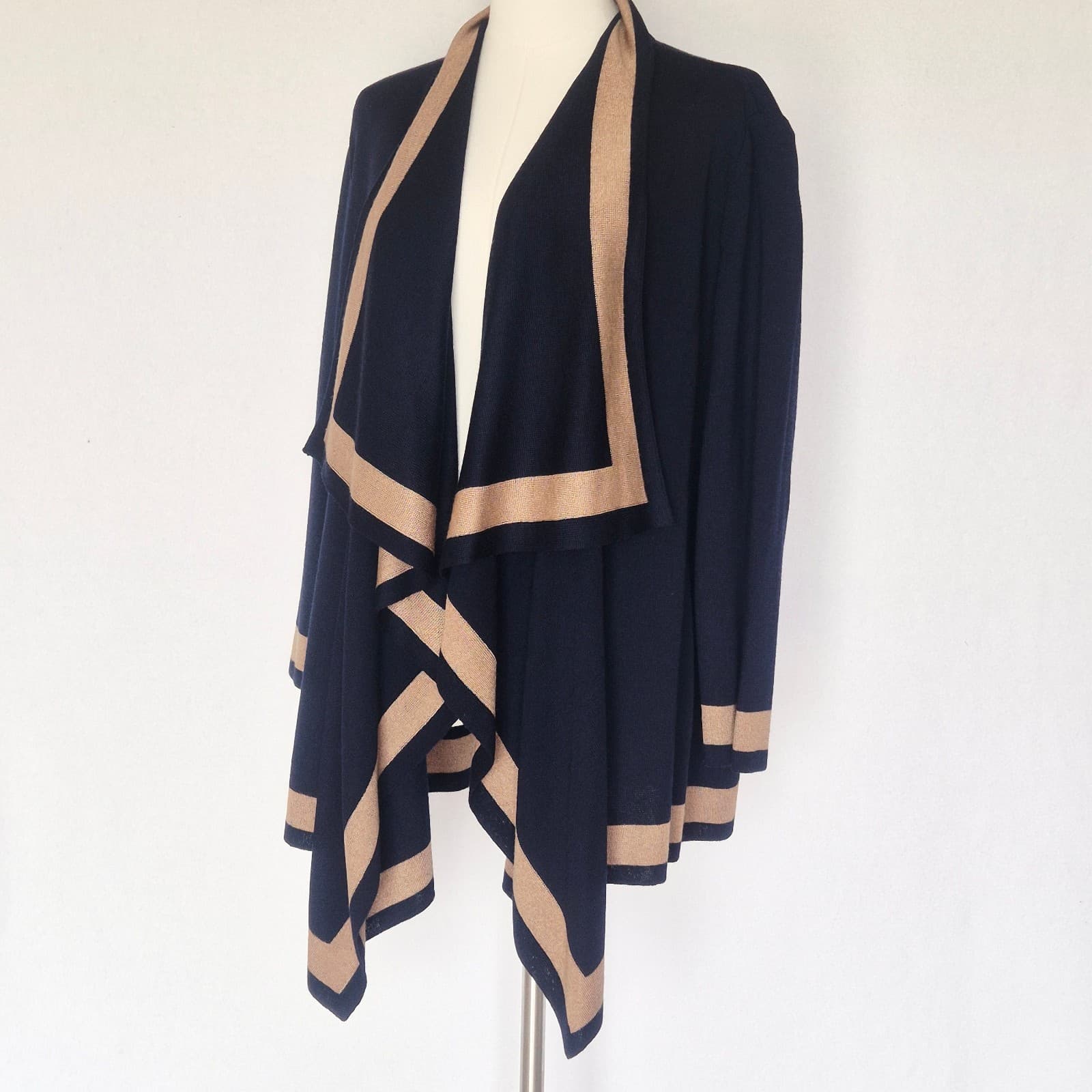 ST. JOHN Wool Blend Draped Open Cardigan Contrasting Camel Brown Trim Blue Sz.M - Thumbnail 3