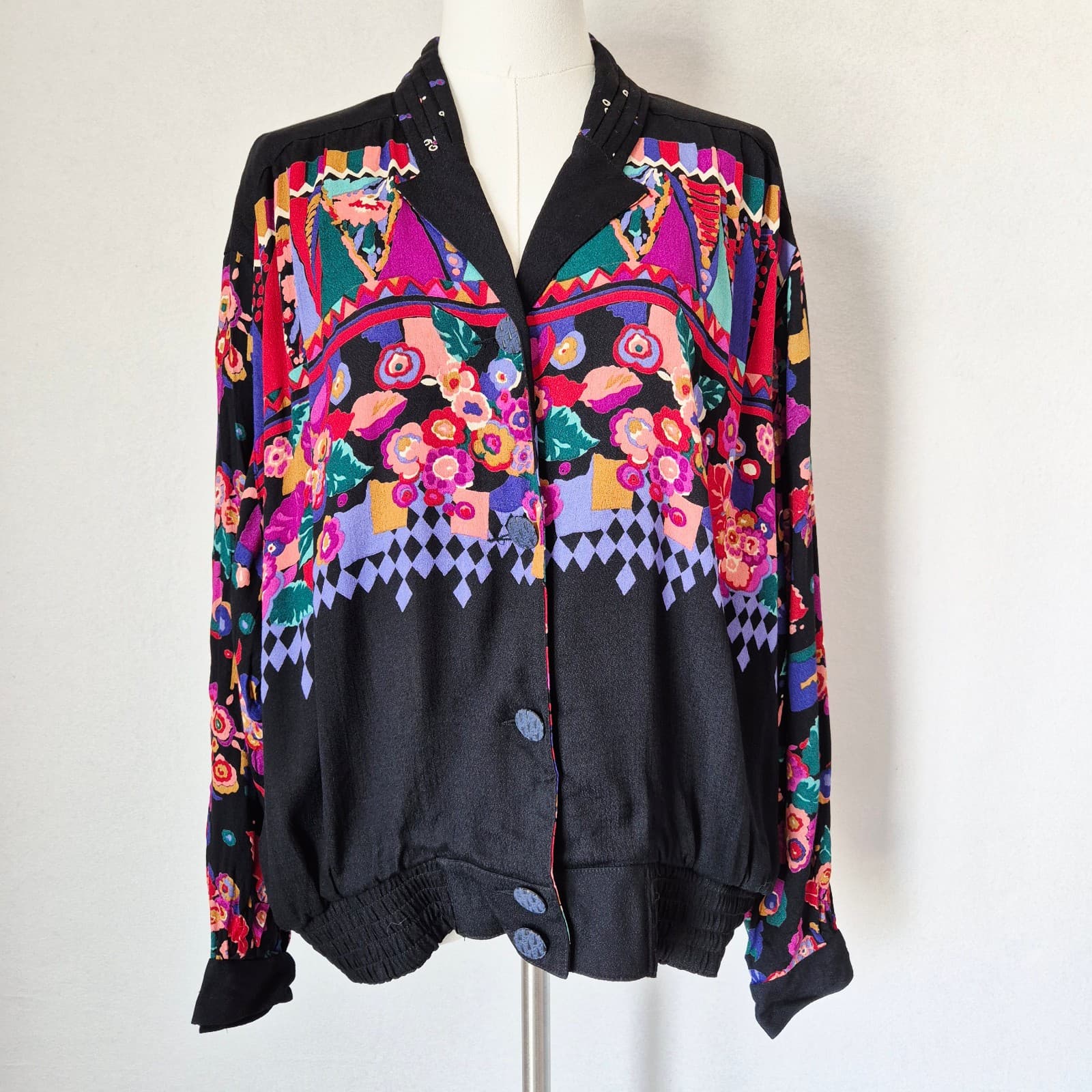 Vintage NWT Carole Little USA Floral Jacket Button Pocket Black Rayon Women's 12 - Thumbnail 2