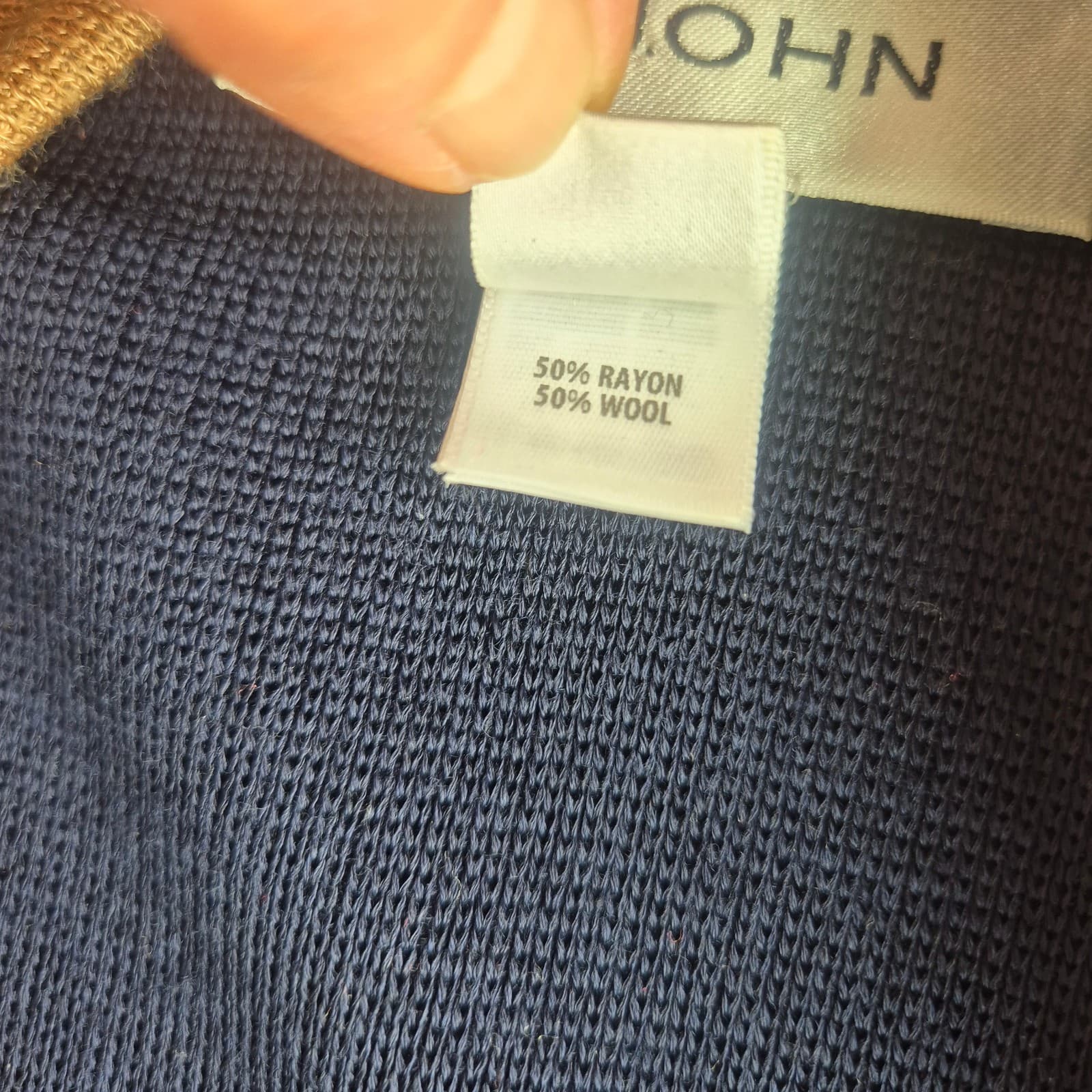 ST. JOHN Wool Blend Draped Open Cardigan Contrasting Camel Brown Trim Blue Sz.M - Thumbnail 12
