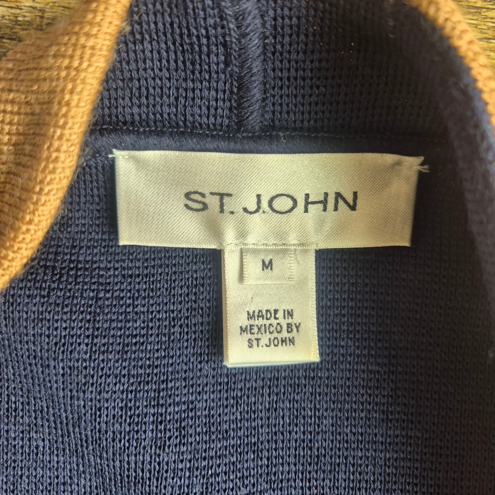 ST. JOHN Wool Blend Draped Open Cardigan Contrasting Camel Brown Trim Blue Sz.M - Thumbnail 11