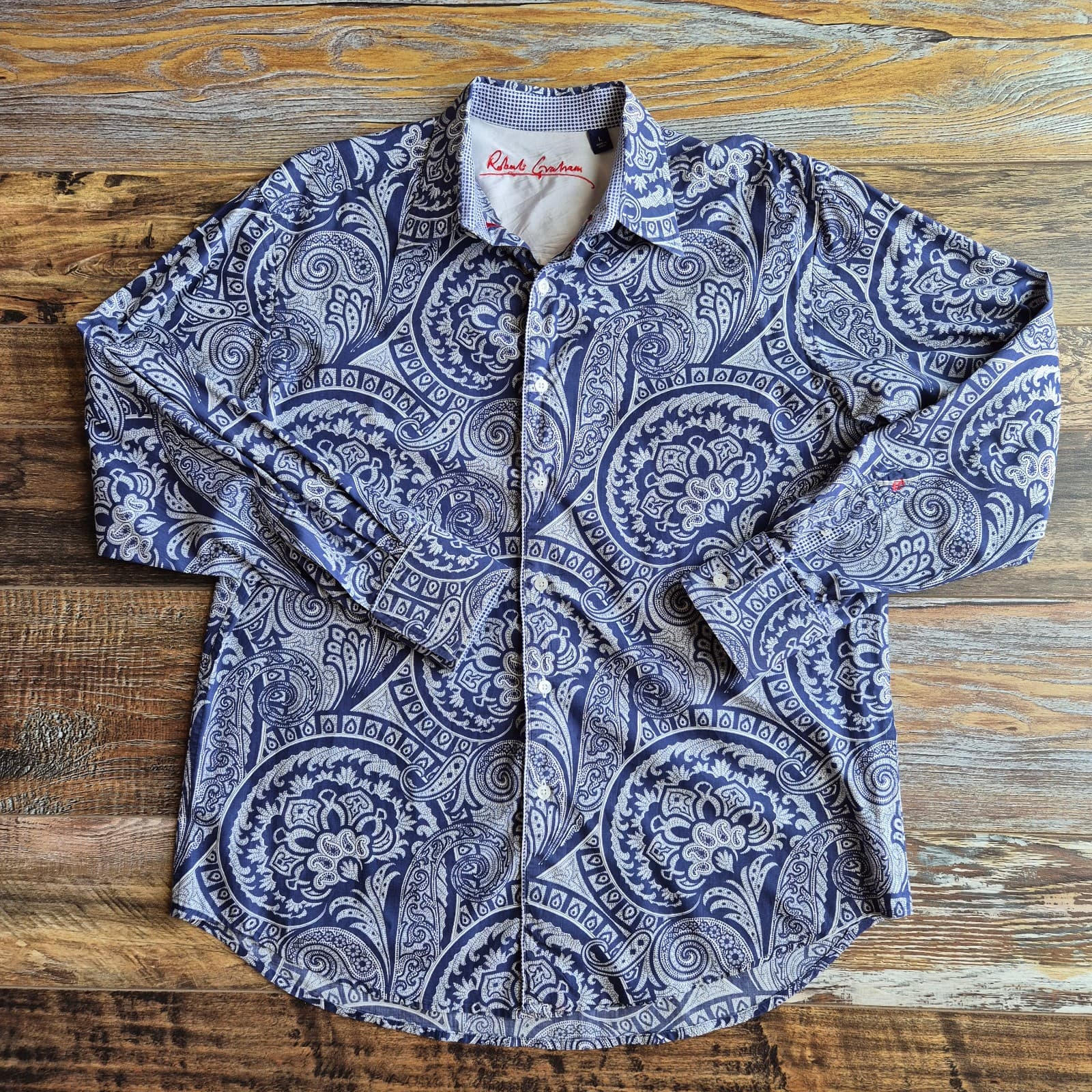 Robert Graham Men L Paisley Embroidered Button-Up Shirt Long Sleeve Cotton Blue - Thumbnail 2