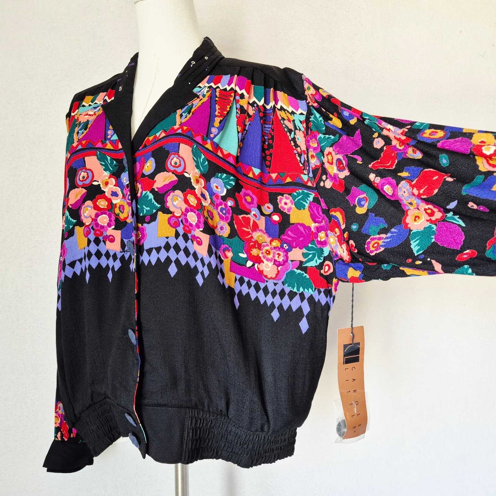 Vintage NWT Carole Little USA Floral Jacket Button Pocket Black Rayon Women's 12 - Thumbnail 5