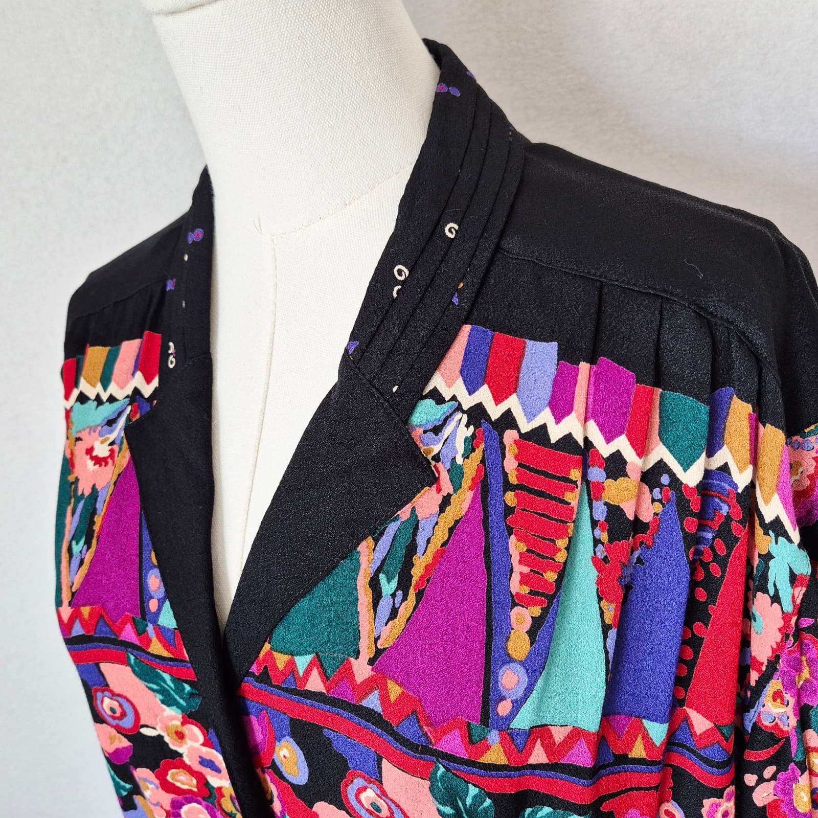 Vintage NWT Carole Little USA Floral Jacket Button Pocket Black Rayon Women's 12 - Thumbnail 7