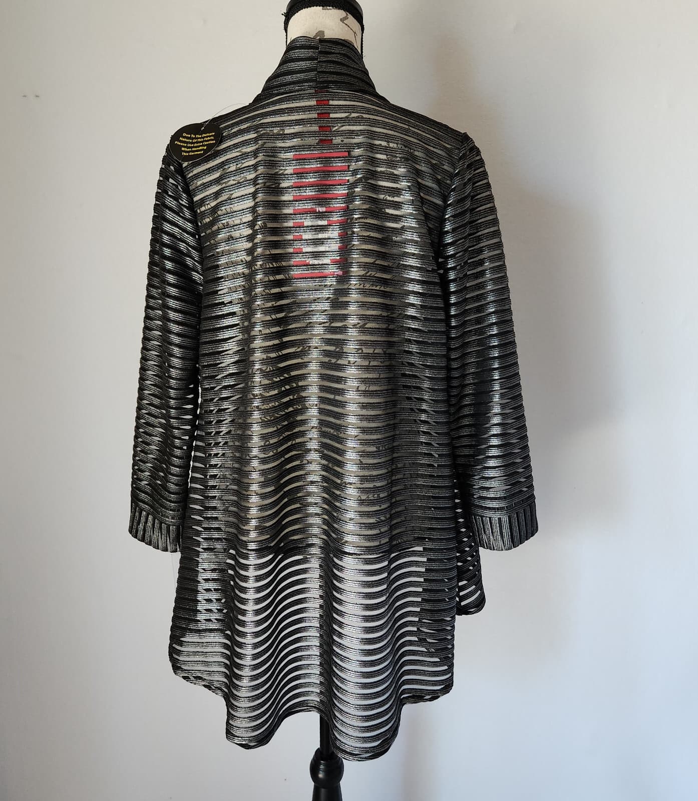 NWT IC by Connie K $128 Sheer Mesh Silver Striped Open Jacket Hi-Low Black Sz.M - Thumbnail 4