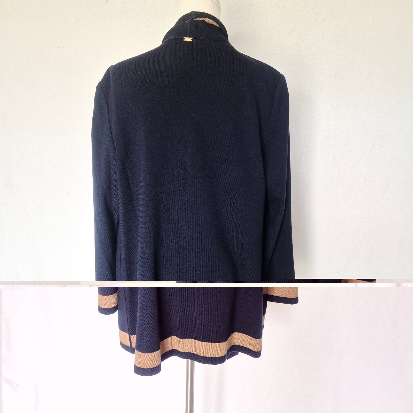 ST. JOHN Wool Blend Draped Open Cardigan Contrasting Camel Brown Trim Blue Sz.M - Thumbnail 10