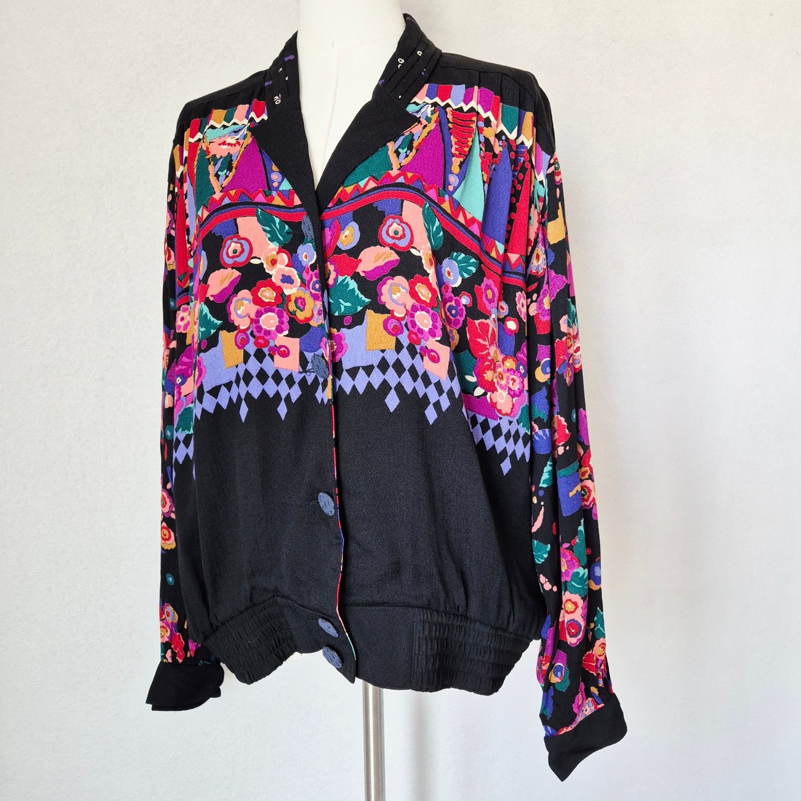 Vintage NWT Carole Little USA Floral Jacket Button Pocket Black Rayon Women's 12 - Thumbnail 4