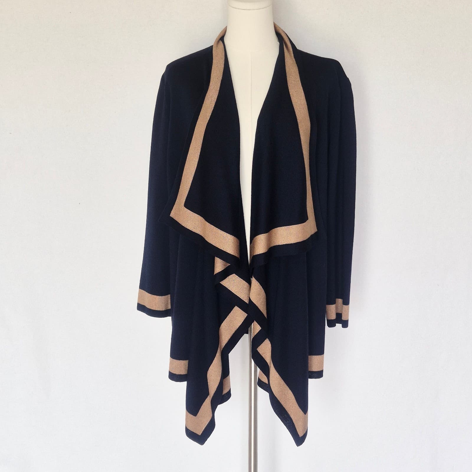 ST. JOHN Wool Blend Draped Open Cardigan Contrasting Camel Brown Trim Blue Sz.M - Thumbnail 2