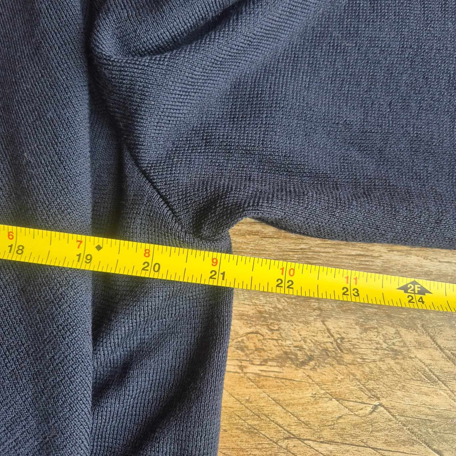 ST. JOHN Wool Blend Draped Open Cardigan Contrasting Camel Brown Trim Blue Sz.M - Thumbnail 15