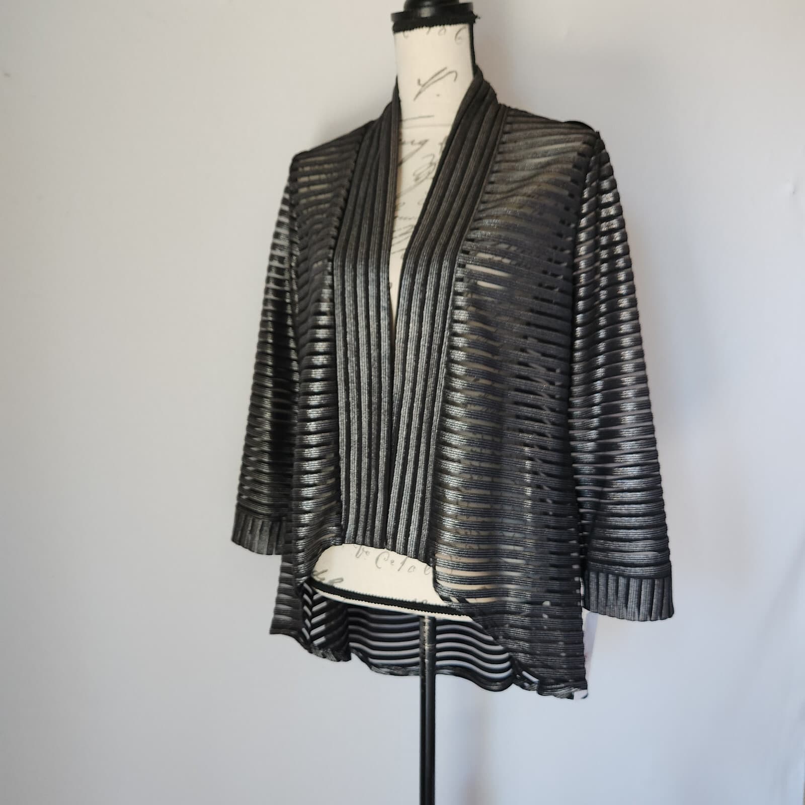 NWT IC by Connie K $128 Sheer Mesh Silver Striped Open Jacket Hi-Low Black Sz.M - Thumbnail 2