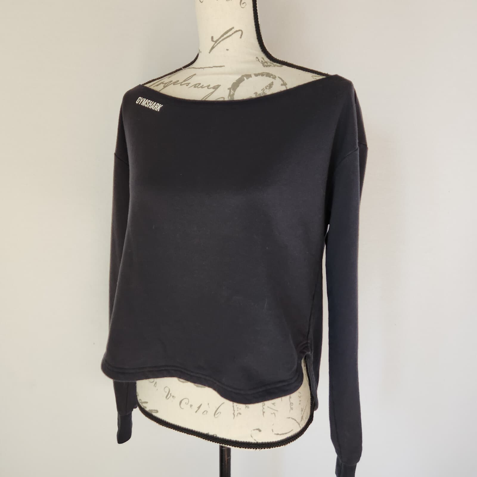 Gymshark Terry Knit Sweatshirt Long Sleeve Wide Neck Slit Back Black Women's S - Thumbnail 2