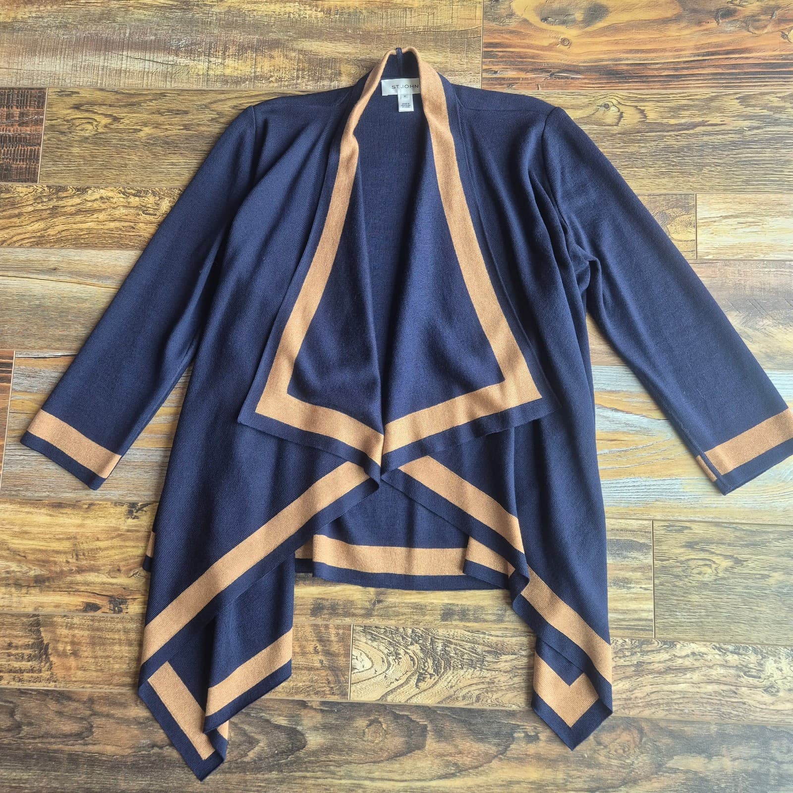 ST. JOHN Wool Blend Draped Open Cardigan Contrasting Camel Brown Trim Blue Sz.M - Thumbnail 5