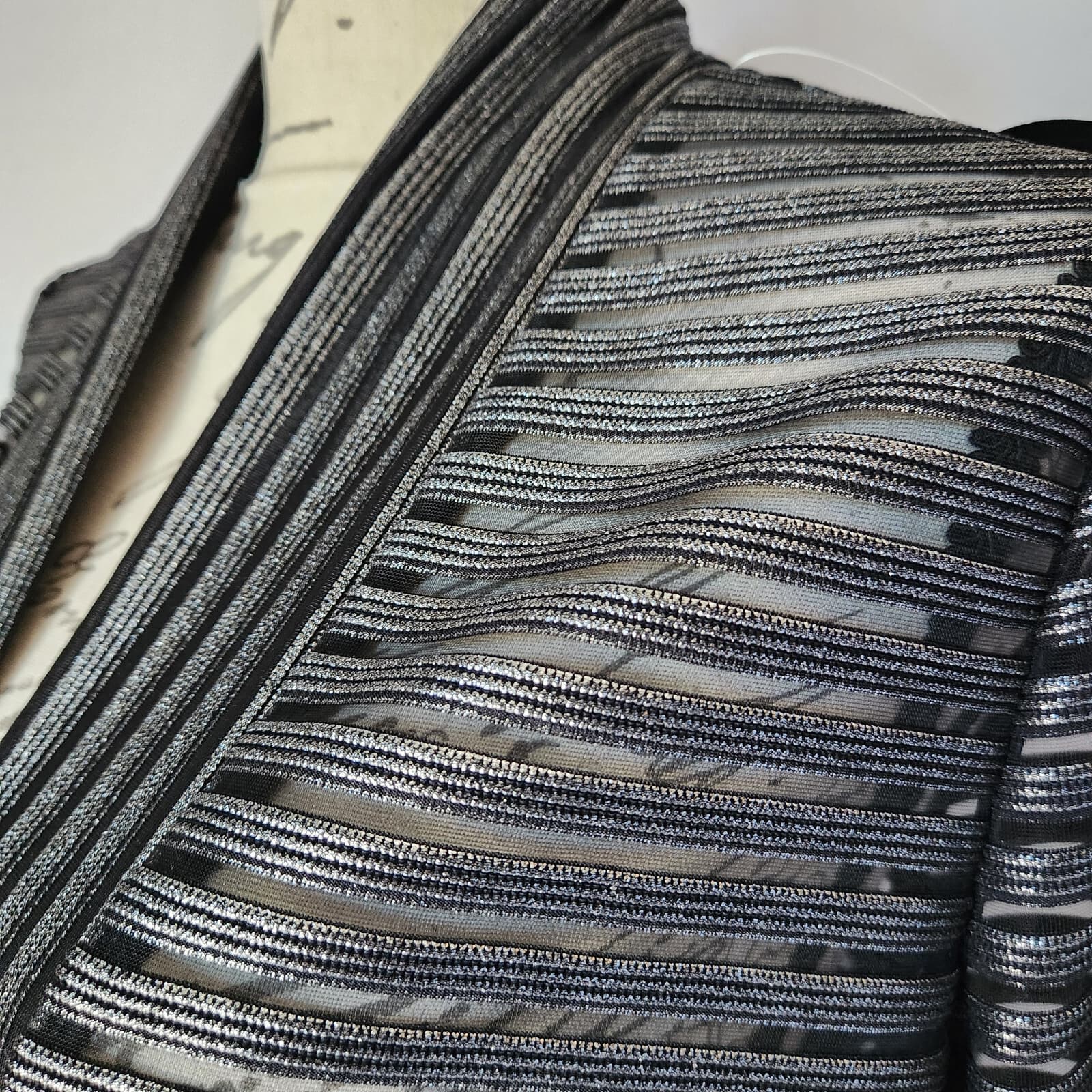 NWT IC by Connie K $128 Sheer Mesh Silver Striped Open Jacket Hi-Low Black Sz.M - Thumbnail 3
