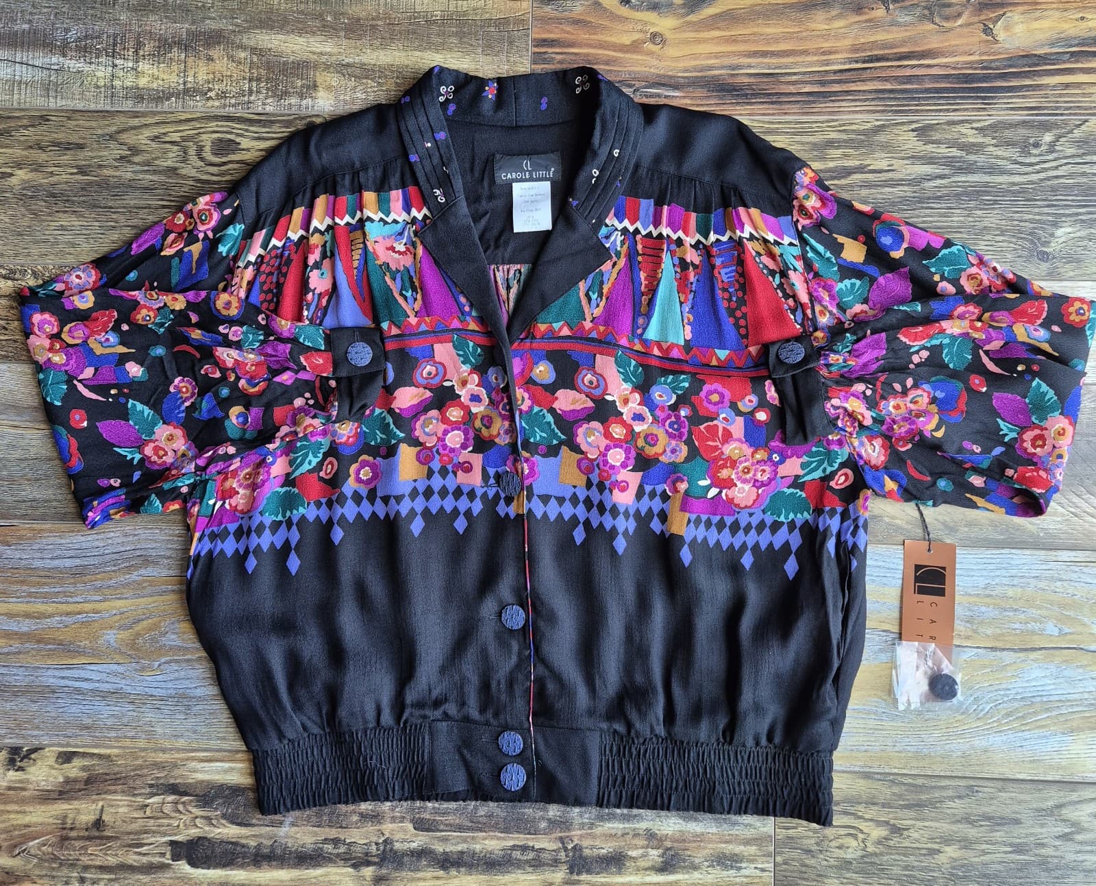 Vintage NWT Carole Little USA Floral Jacket Button Pocket Black Rayon Women's 12 - Thumbnail 3